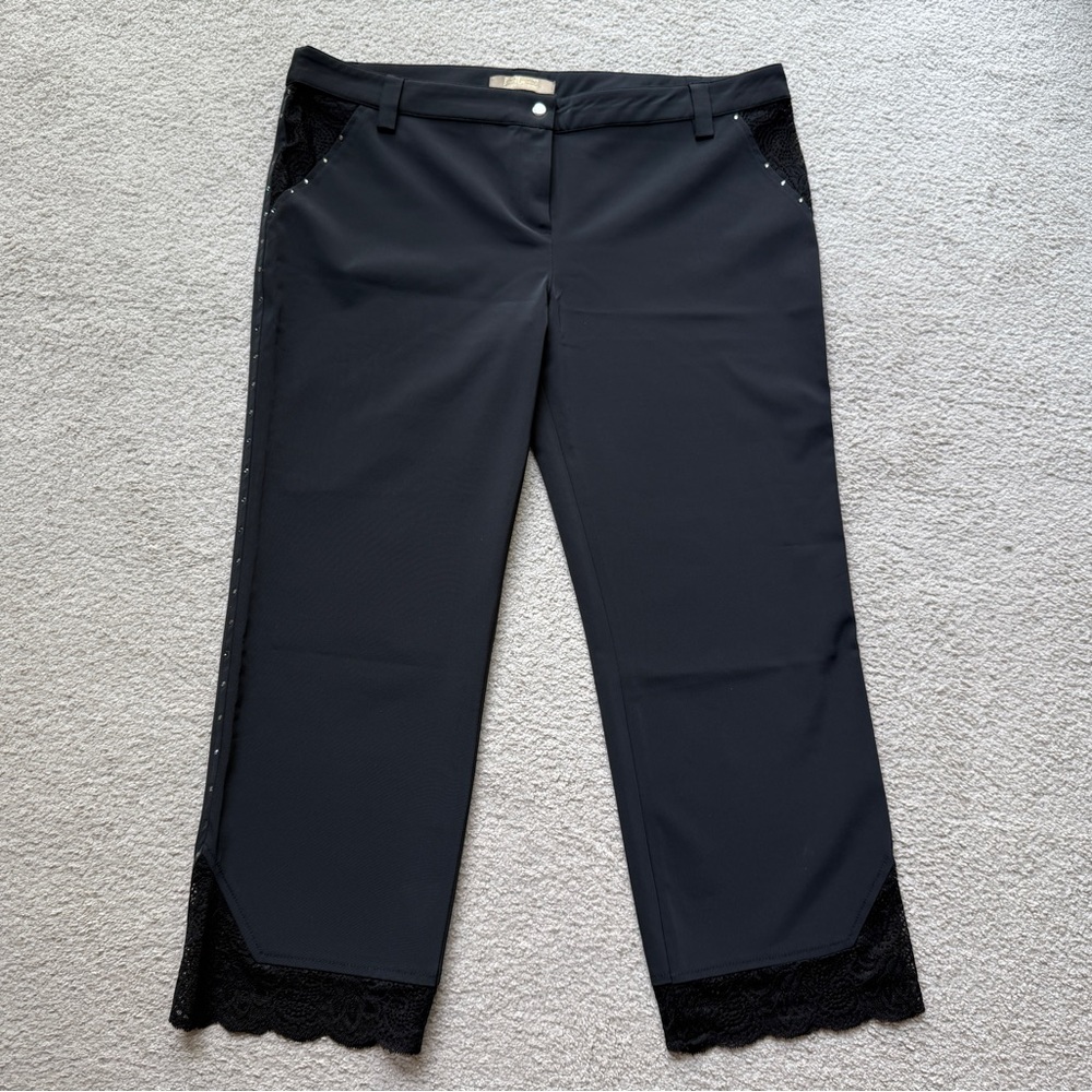 WOMENS BALIZZA BLACK RHINESTONE SIDES LACE TRIM PANTS Trousers Capris Sz 10/12